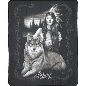 New Native Girl Woman & Wolf Friends Fleece Throw Gift Blanket Indian DGA Soft